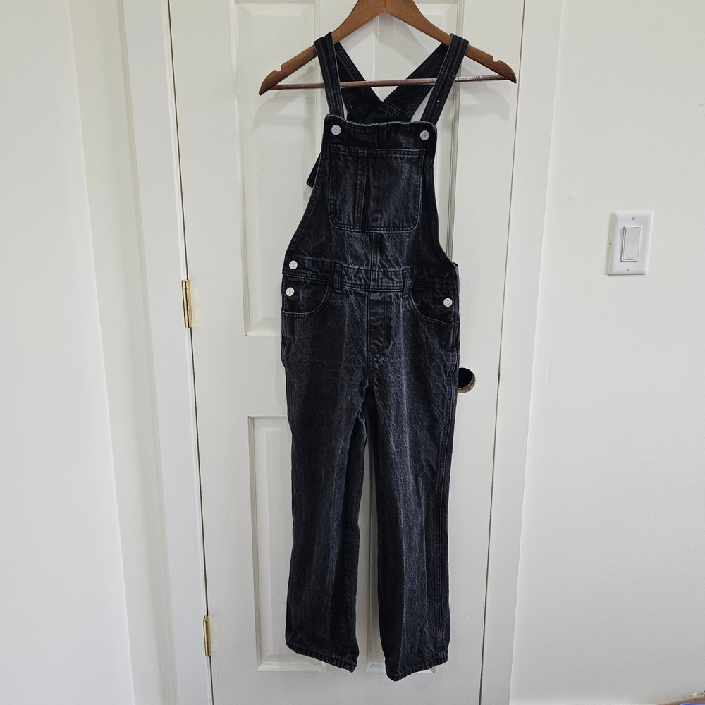 Old Navy Kids Black Denim Overalls Size L 10-12 Adjustable Straps Dark Wash